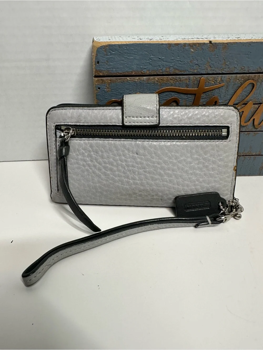 Coach Silver Pebbled Leather Wristlet Case with Strap